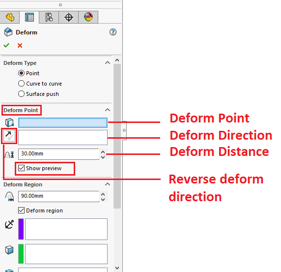 معرفی آپشن های موجود در قسمت Deform Point  ابزار Deform به روش Point